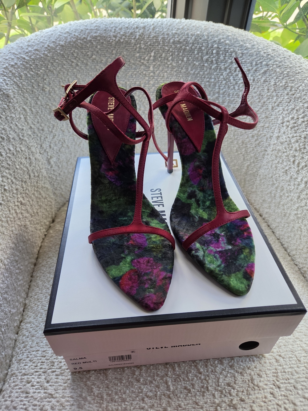 Steve Madden Women's Burgundy Floral T-Strap Pointed Heels